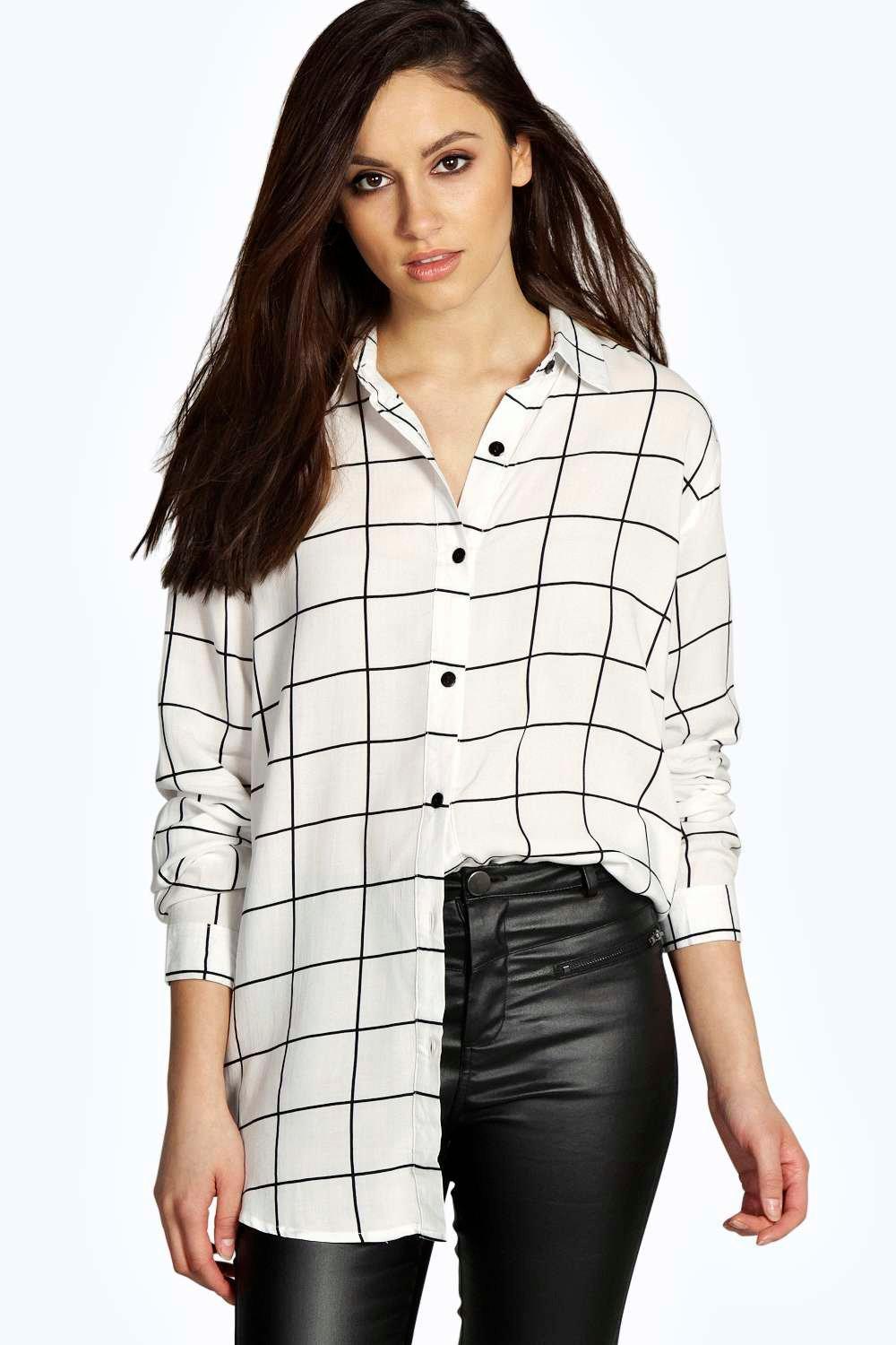 Womens Print Shirts diane grid print oversized long sleeve shirt QGBIFRF