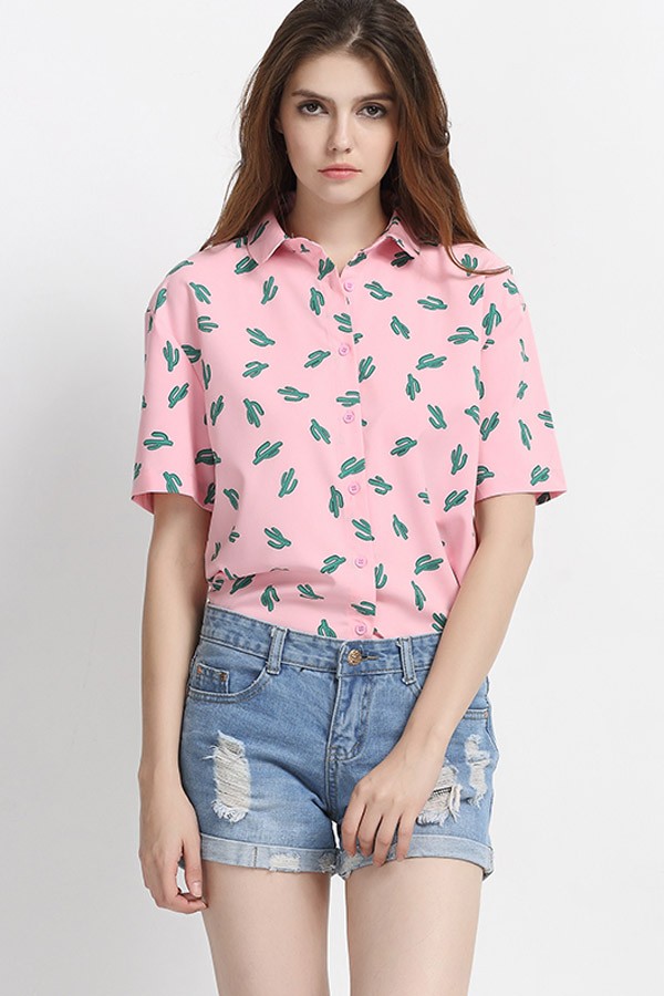 Womens Print Shirts pink cactus printed lapel loose shirt GQXVNFF