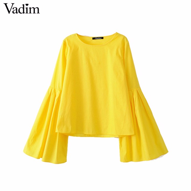 Yellow blouses vadim women stylish flare sleeve pleated yellow blouses sweet o neck solid  shirts ladies casual MOAUZJN