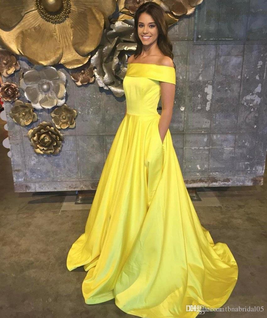 YELLOW EVENING DRESSES 2017 yellow prom dress vestido de festa satin floor length off shoulder  western JORJKIR