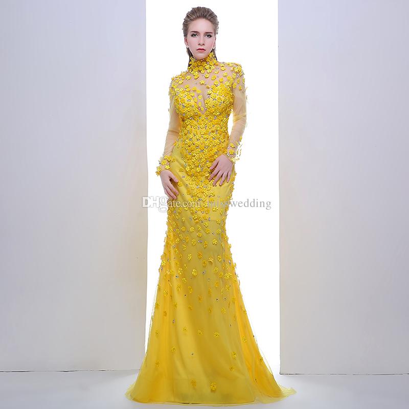 YELLOW EVENING DRESSES latest designer yellow evening dress with beaded flowers full sleeve  elegant mermaid dress PUWNUKN