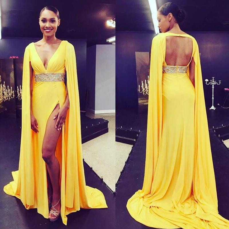 YELLOW EVENING DRESSES yellow formal prom dresses arabic long evening dress 2018 deep v neck high KZSEFNV
