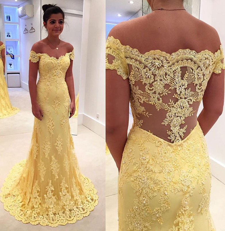 YELLOW EVENING DRESSES yellow lace long prom dress, lace evening dress, yellow formal dress HDRWJEO