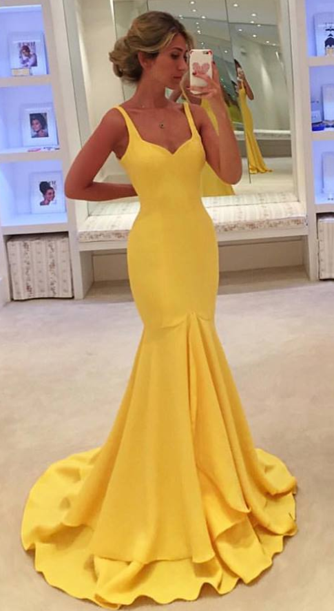 YELLOW EVENING DRESSES yellow simple spaghetti-straps mermaid prom dress evening dress IEDTDBL