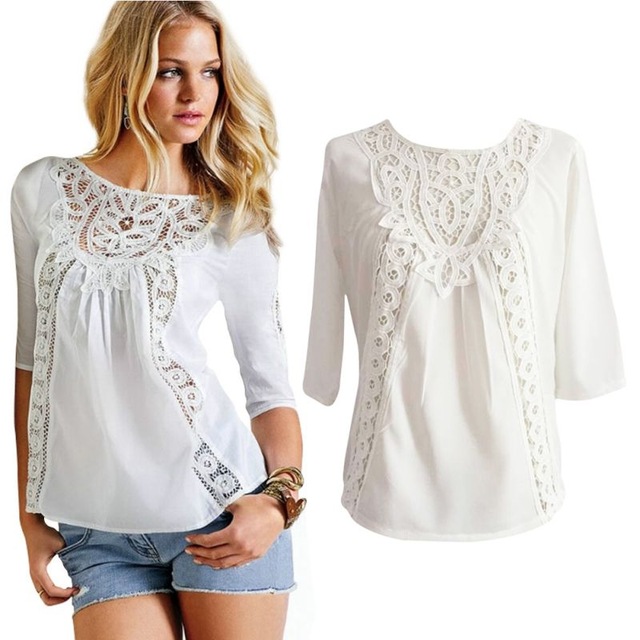Newest Women Blouse Loose Casual Lace Crochet Chiffon 3/4 Sleeve Shirt  White Tops
