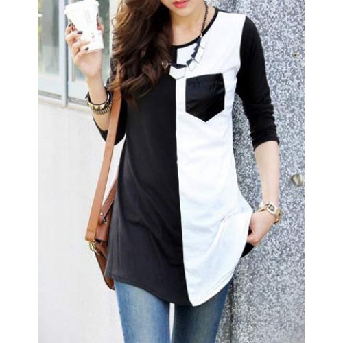 Casual Womenu0027s Scoop Neck Color Block 3/4 Sleeve T-Shirt black white
