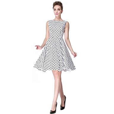 Heroecol Womens Vintage 1950s Dresses Boat Neck Sleeveless 50s 60s Style  Retro Swing Cotton Dress Size