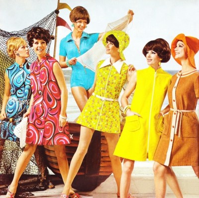 1960s fashion dresses in bold pop art colors