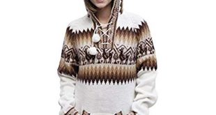Women's Hooded Alpaca Wool Knitted Hoodie Sweater Llamas Ethnic Design (XL,  Ivory)