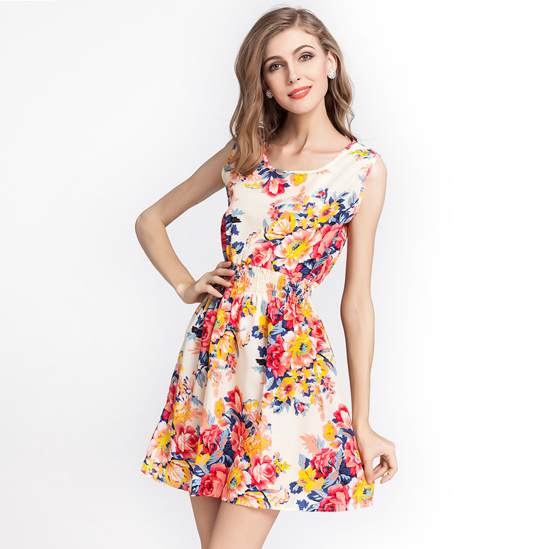 NEW Fashion 2015 Women chiffon dresses Apricot Sleeveless Round Neck  Florals Print Pleated Dress Femininas Summer ...