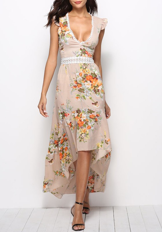 Apricot Irregular Lace Cut Out Backless High-low Deep V-neck Bohemian Maxi  Dress