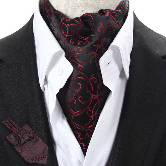 LJ09-01 Black / Red Floral Men 100% Silk Ascot Tie Cravat Scarf Accessory
