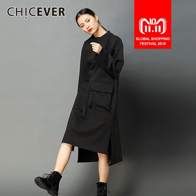 CHICEVER Asymmetrical Hit Colors Women Dress Tunic Loose Big Size Pullovers Winter  Dresses Female Clothes Fashion