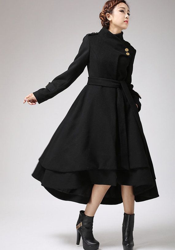 Black wool coat long winter dress coat with layered by xiaolizi
