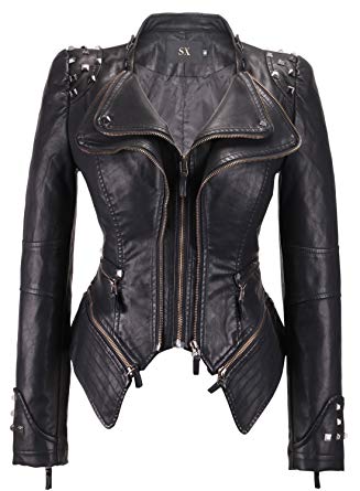 chouyatou Women's Fashion Studded Perfectly Shaping Faux Leather Biker  Jacket (XX-Small, Black