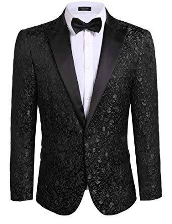 COOFANDY Men's Floral Party Dress Suit Stylish Dinner Jacket Wedding Blazer  One Button Tuxdeo,Black