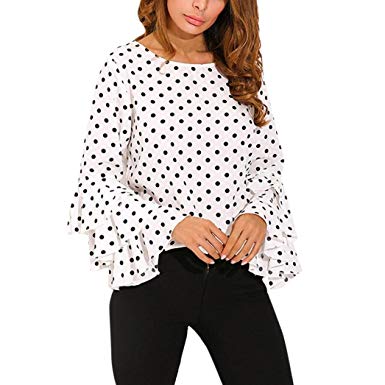 2018 New Women's Bell Sleeve Loose Polka Dot Shirt Ladies Casual Blouse Tops  by E-