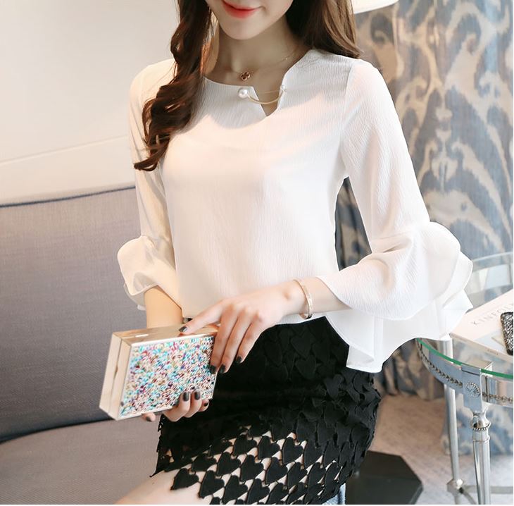Fashion Summer Women's Pearl Chiffon Blouses for Party Wedding Solid Color  Ladies Elegant Flare Sleeve Top Pink White XS S M C1H-in Blouses u0026 Shirts  from ...
