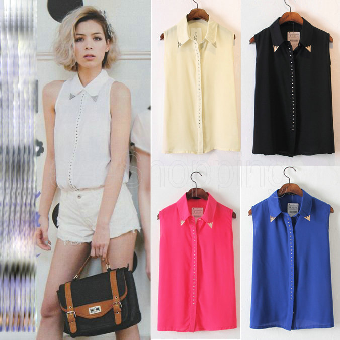 Q390 New Womens Ladies Sleeveless Casual Sexy See through Chiffon Blouses  Shirts Rivet Metal Decorated on ...
