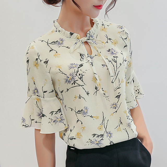 Women Blouses 2018 Chiffon Print Ruffles Sleeved Blusas Work Shirts For  Womens Elegant Blouses Plus Size Female Summer Tops 014-in Blouses u0026 Shirts  from ...