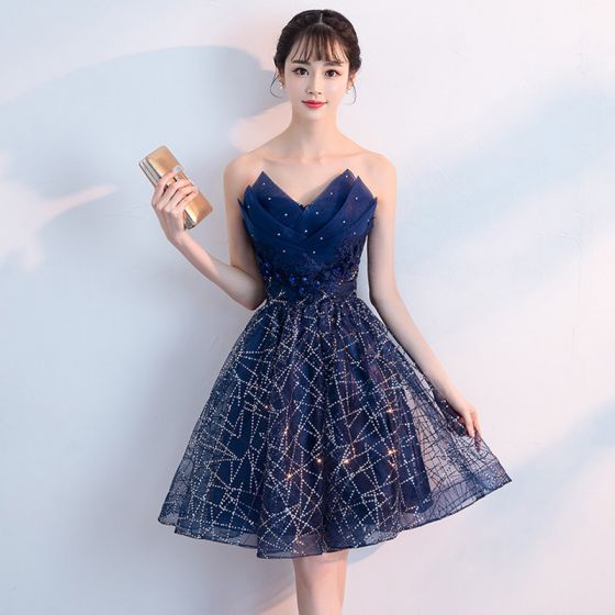 Bling Bling Navy Blue Cocktail Dresses 2018 A-Line / Princess Sweetheart  Sleeveless Rhinestone Glitter Sequins Short ...