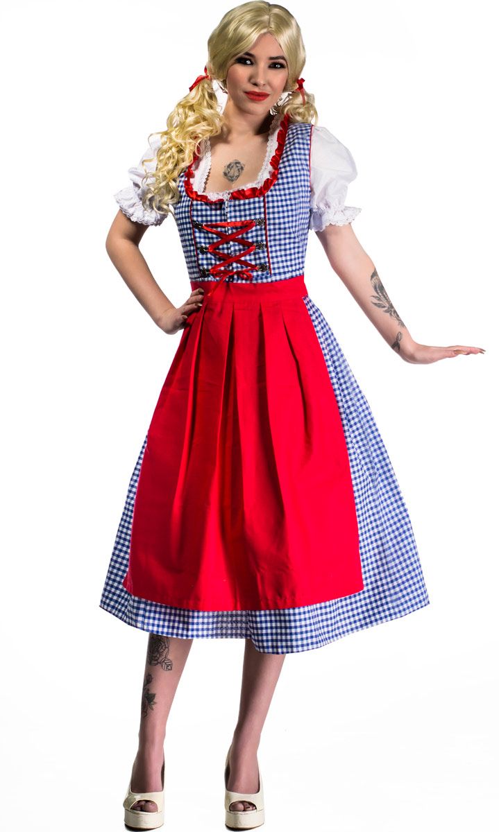 Blue and White Checkered Women's Long Oktoberfest Costume Back View