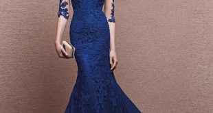 Navy Blue Evening Dresses Long 2017 V Neck 3/4 Sleeves Lace Applique  Mermaid Prom