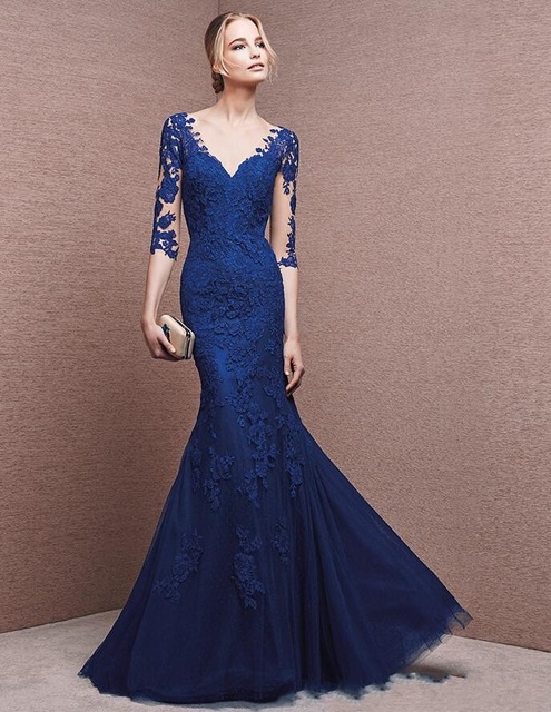 Navy Blue Evening Dresses Long 2017 V Neck 3/4 Sleeves Lace Applique  Mermaid Prom