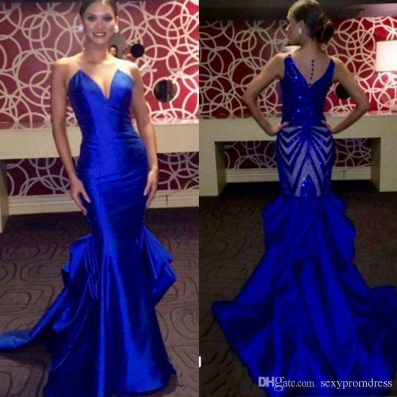 Elegant Royal Blue Evening Gowns Sheer Neck Sleeveless Satin Mermaid Prom  Dresses Back Sequined 2017 Miss USA Pageant Party Dress Black Gowns  Designer ...