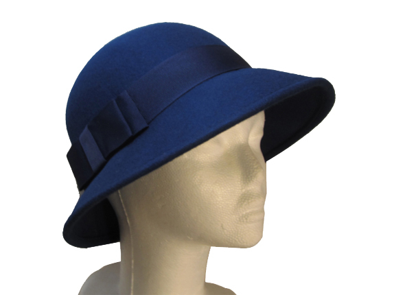 Women's Dark Blue Wool Hat with Wide Grosgrain Bow