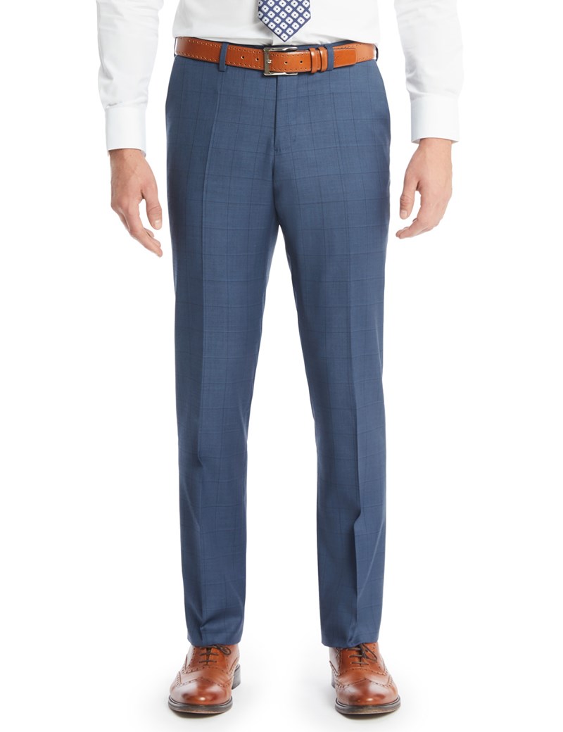 Men's Blue Double Plaid Slim Fit Suit Pants