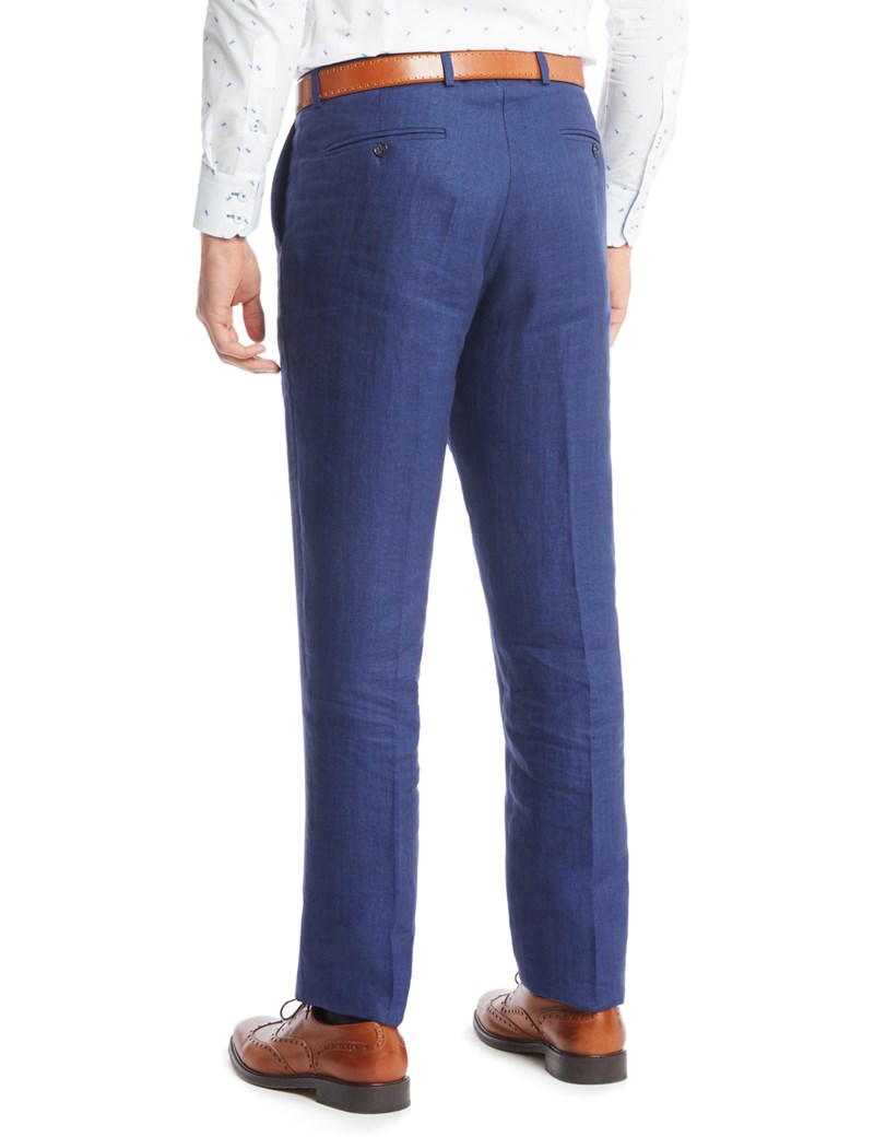 Men's Blue Herringbone Tailored Fit Linen Trouser