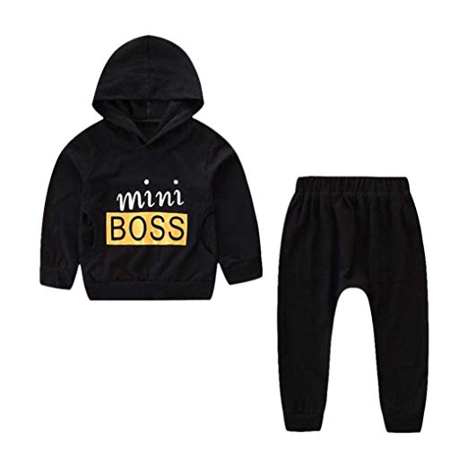 Sagton Baby Clothes Sets Unisex, Mini BOSS Print Black Hoodie Tops +Long  Pants Set