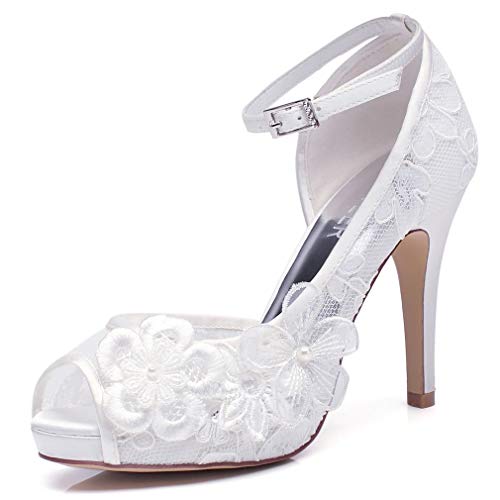 Amazon.com | LUXVEER White Lace Wedding Shoes for Bridal with Floral  Brooches Medium Heel-4inch-Peep Toe | Heeled Sandals