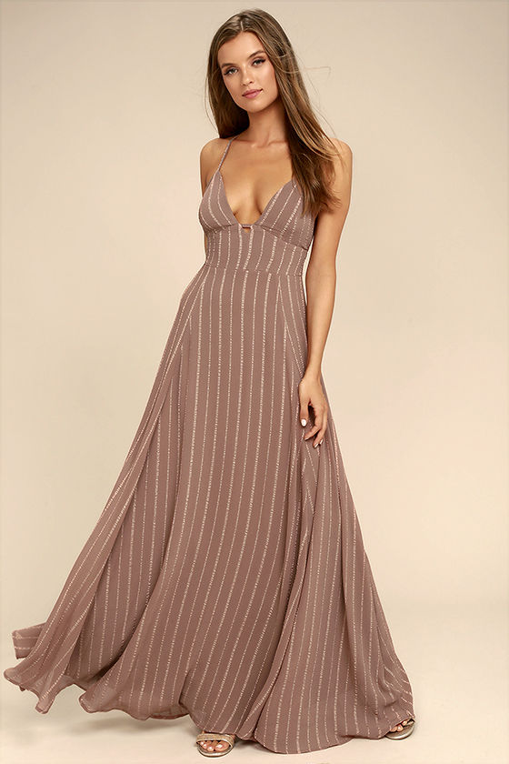 Elevate Light Brown Embroidered Maxi Dress