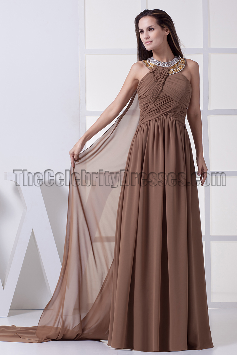 Brown Chiffon Beaded Prom Gown Formal Evening Dresses - TheCelebrityDresses