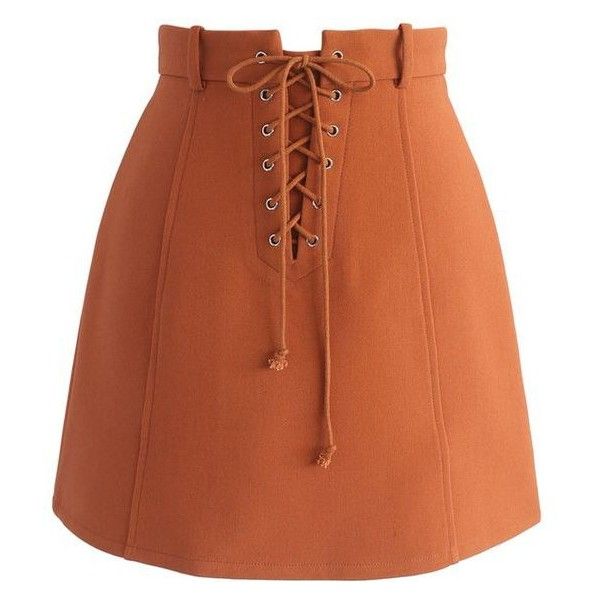 Chicwish Lace-up Era Bud Skirt in Orange ❤ liked on Polyvore featuring  skirts, mini skirts, bottoms, brown mini skirt, lace up front skirt,  chicwish skirt, ...