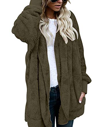 Womens Fuzzy Open Front Sherpa Hooded Cardigan Jacket Coat Outwear with  Pocket Army Green S at Amazon Women's Clothing store:
