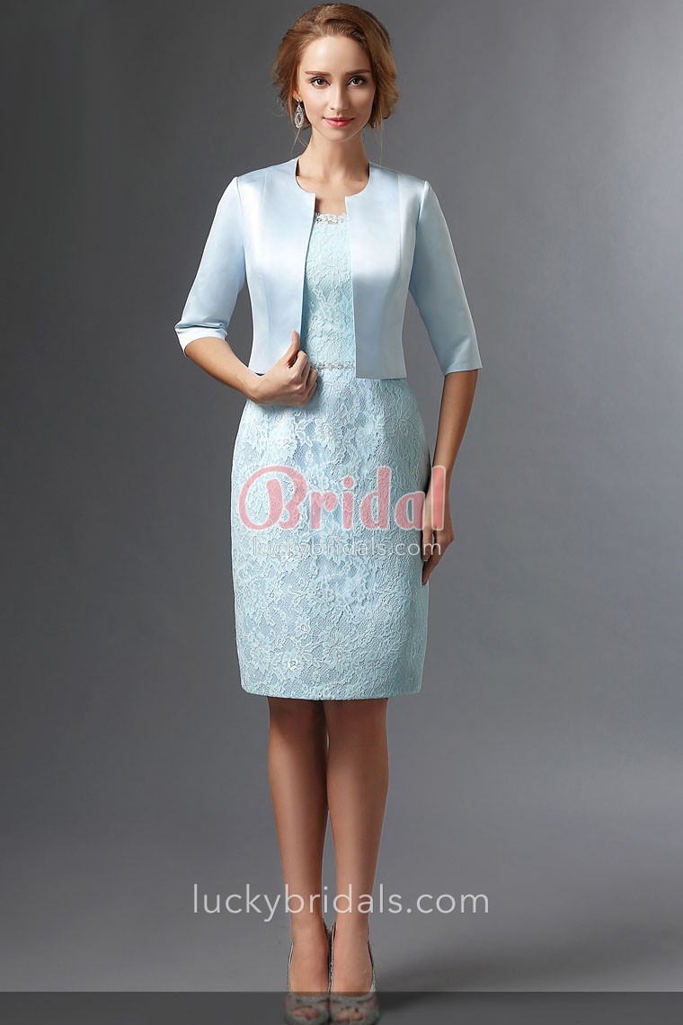 vintage knee length sky blue lace mother of the bride dress with satin  bolero jacket