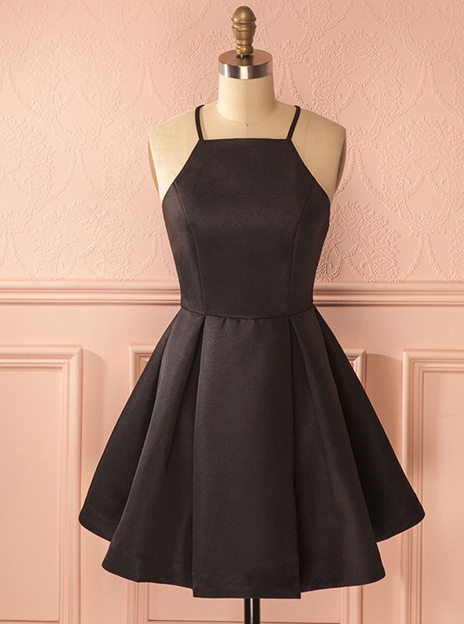 A-Line Square Neck Short Satin Black Homecoming Dress with Pleats