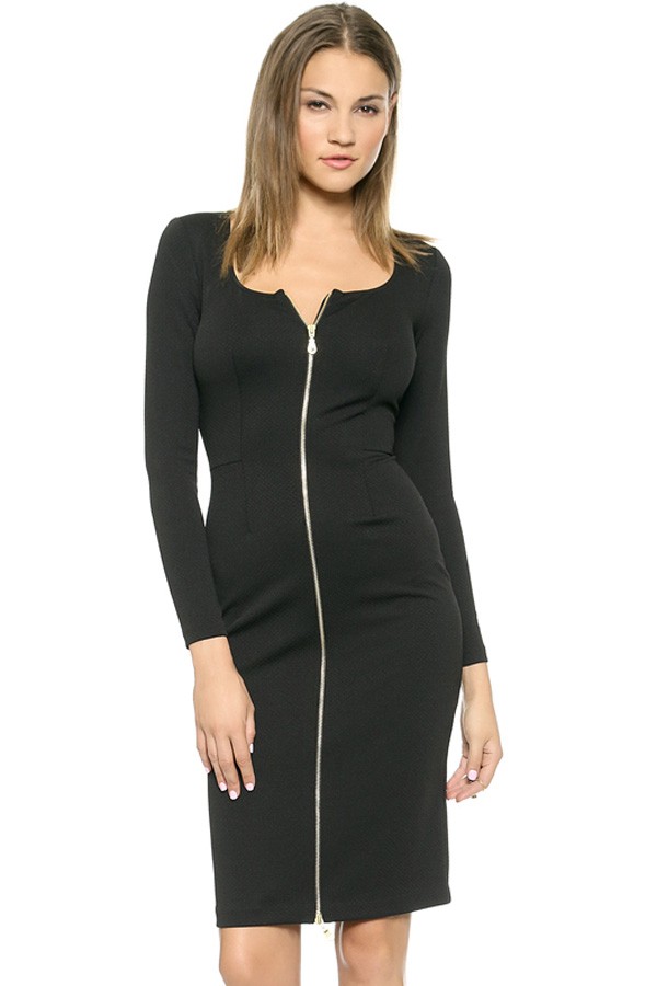 Black Long Sleeve Zipper Front Stylish Casual Dress