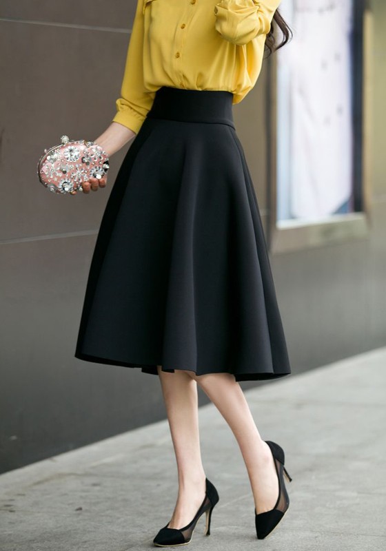 Black Zipper Draped High Waisted A-Line Vintage Flared Skirt
