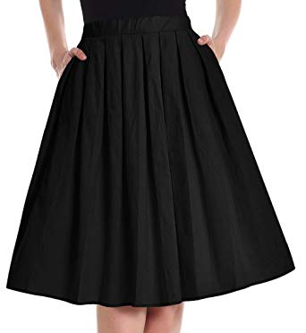 Yige Women's Vintage A-line Printed Pleated Flared Skirts for Women Black-XS