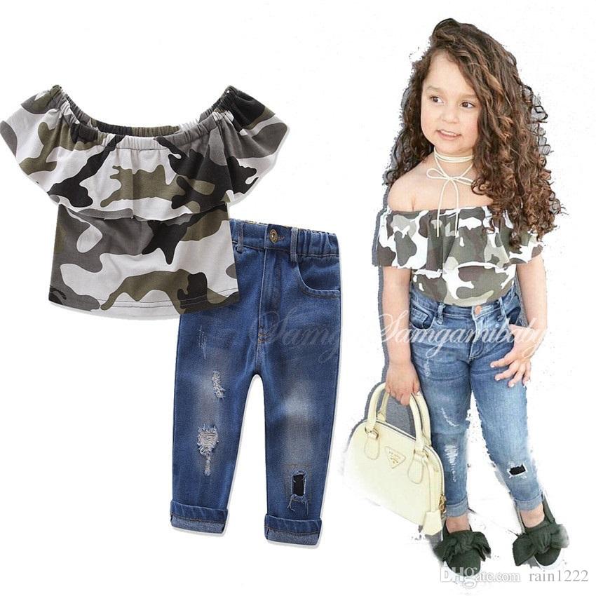 2019 Girls Kids Shirts Tees Jeans Suits Outfits For Children Baby Strapless  Ruffles Camouflage Tops Ripped Jeans Denim Pants Clothing Sets Suits From  ...