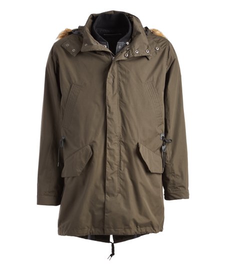 Olive Faux Fur-Accent Hooded Convertible Jacket - Men