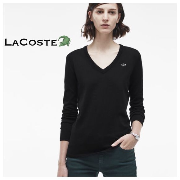 LACOSTE Vneck Womenu0027s Sweater This is a preloved LACOSTE womenu0027s black  vneck fitted sweater. Size is 38 which would be a medium. No rips, no  stains.