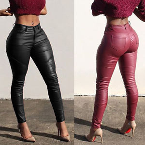 Image is loading Sexy-Ladies-Skinny-High-Waist-Leggings-Stretchy-Leather-