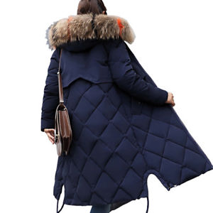 Image is loading Winter-Women-long-Down-Cotton-Parka-Fur-Collar-