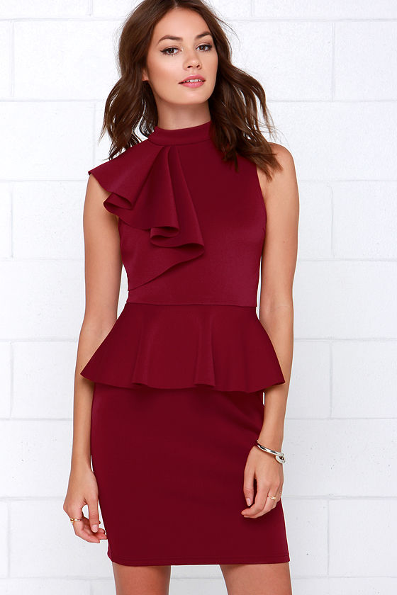 Positively Frilled Wine Red Peplum Dress