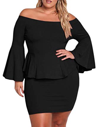 Yskkt Womens Plus Size Peplum Dresses Off The Shoulder Bell Sleeve Ruched  Sexy Mini Party Dress